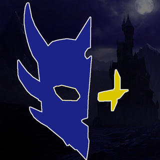A mask - half of one - and a glowing, scarred eye, against a castle in moonlight.