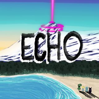 A mountain with swirling pink energy, a party of four standing far below on a beach. Art by RaynbowGloom.