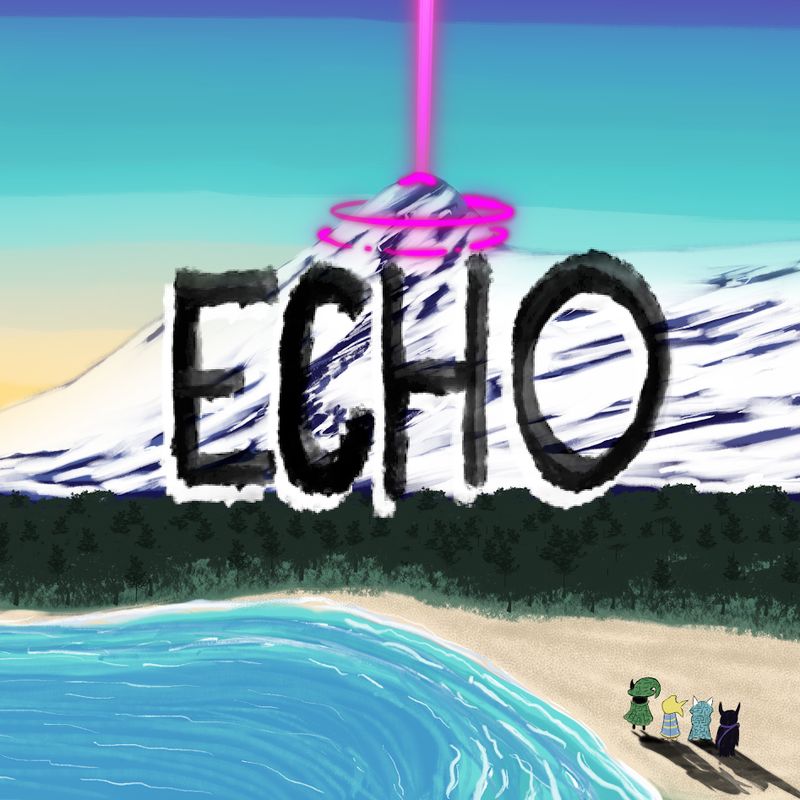 A mountain with swirling pink energy, a party of four standing far below on a beach. Art by RaynbowGloom.