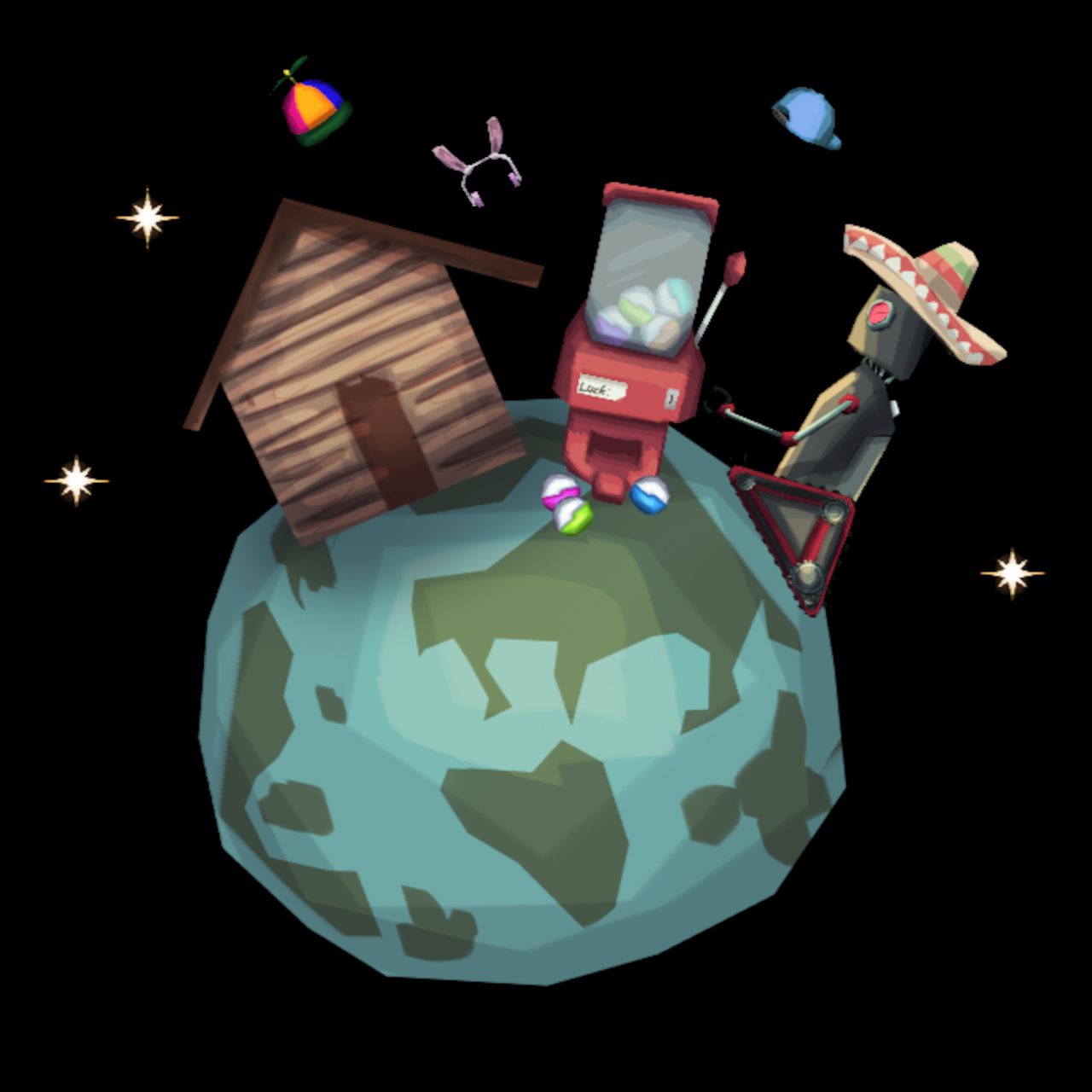 A robot pulling the lever of a gacha machine next to a wooden shack, all on top of a miniaturized Earth-like planet in space.