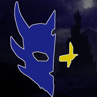 A mask - half of one - and a glowing, scarred eye, against a castle in moonlight.